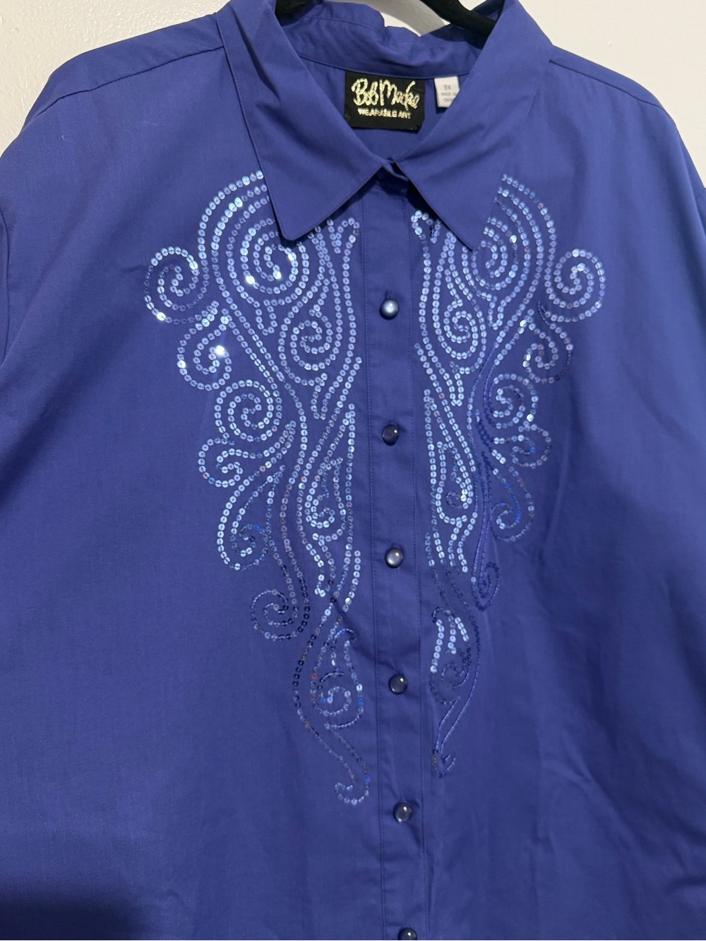Bob Mackie Wearable Art 3X Blue Sequin Scroll Button Front Blouse Plus Size - Picture 2 of 11